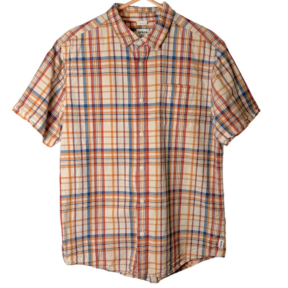 Prana Benton Button Down Shirt Short Sleeve Matcha Plaid Slim Fit Large #1970201